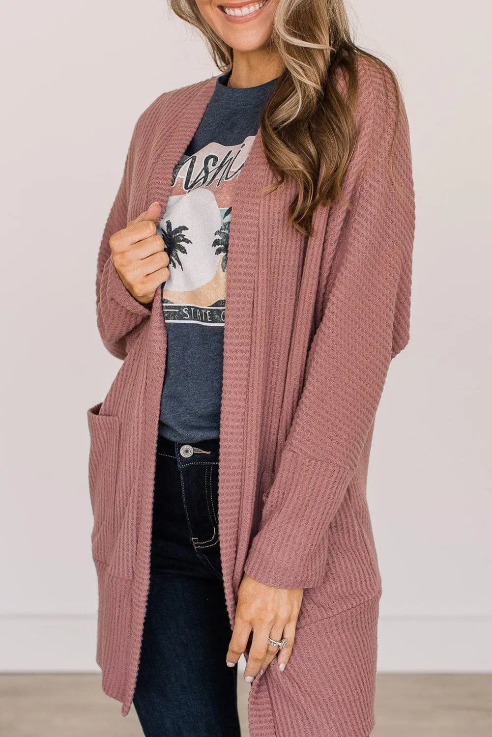 Mineral Red Solid Color Waffle Knit Cardigan with Pocket Beagle Boutique Fashion Outlet