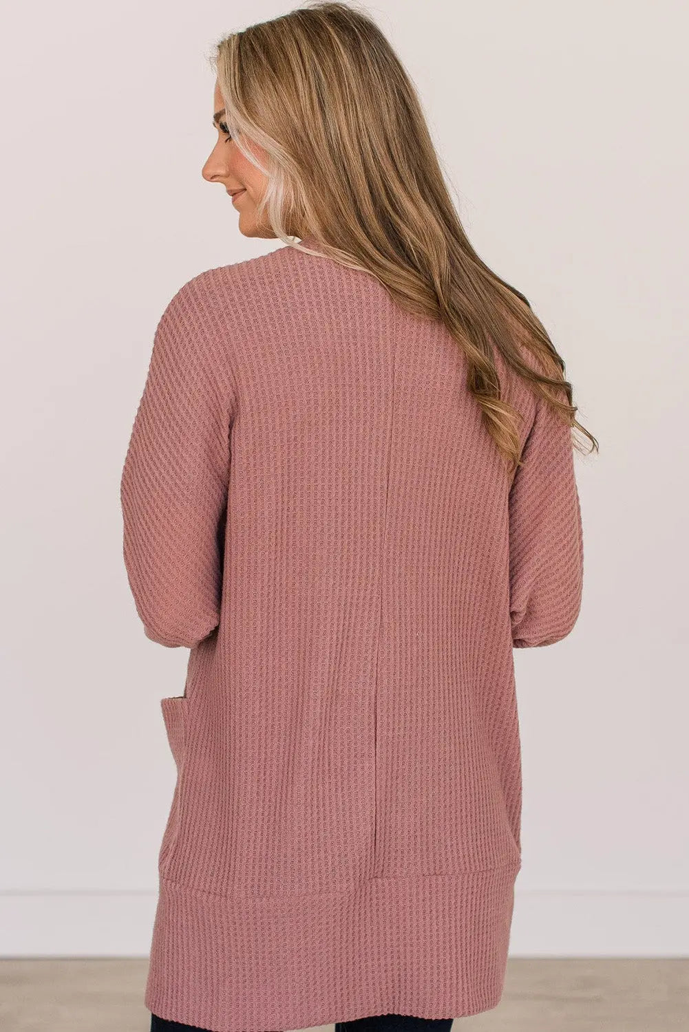Mineral Red Solid Color Waffle Knit Cardigan with Pocket Beagle Boutique Fashion Outlet
