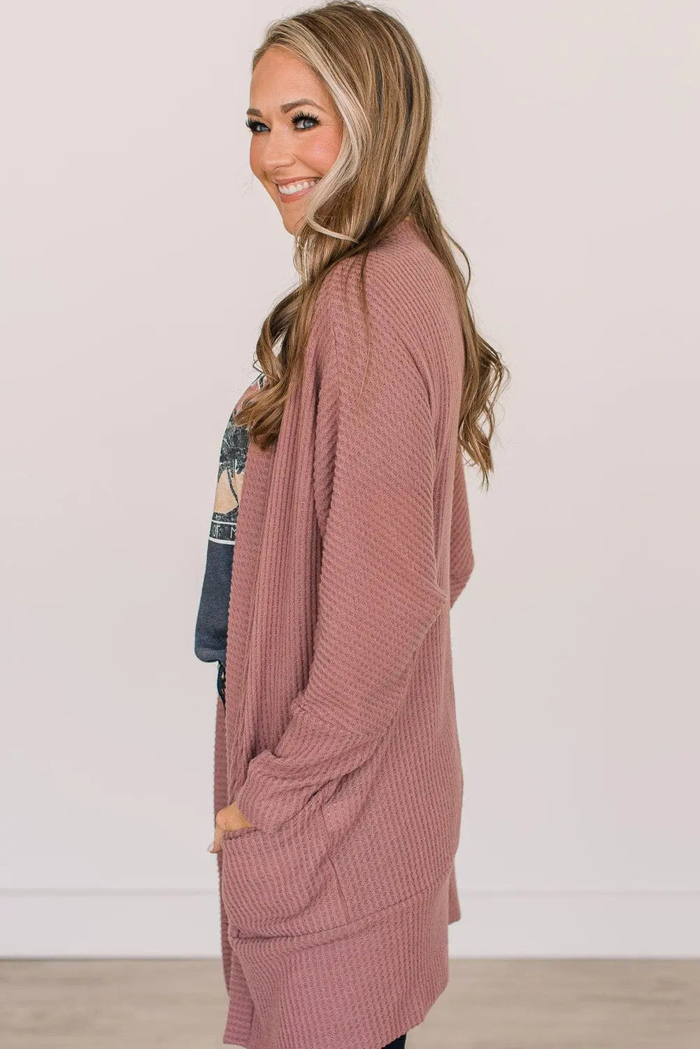 Mineral Red Solid Color Waffle Knit Cardigan with Pocket Beagle Boutique Fashion Outlet