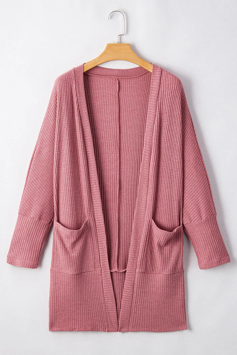Mineral Red Solid Color Waffle Knit Cardigan with Pocket - eAura