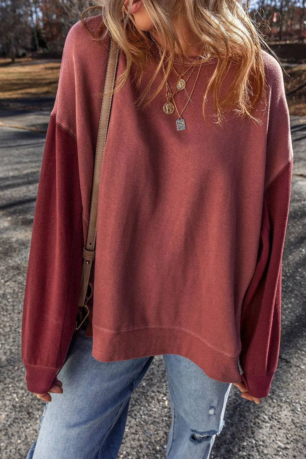 Mineral Red Two Tone Patchwork Drop Shoulder Pullover Sweatshirt - BB Fashion Outlet