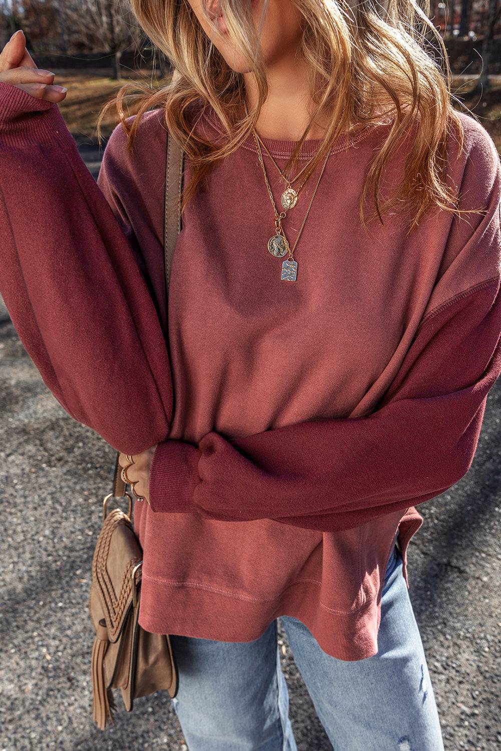 Mineral Red Two Tone Patchwork Drop Shoulder Pullover Sweatshirt - BB Fashion Outlet