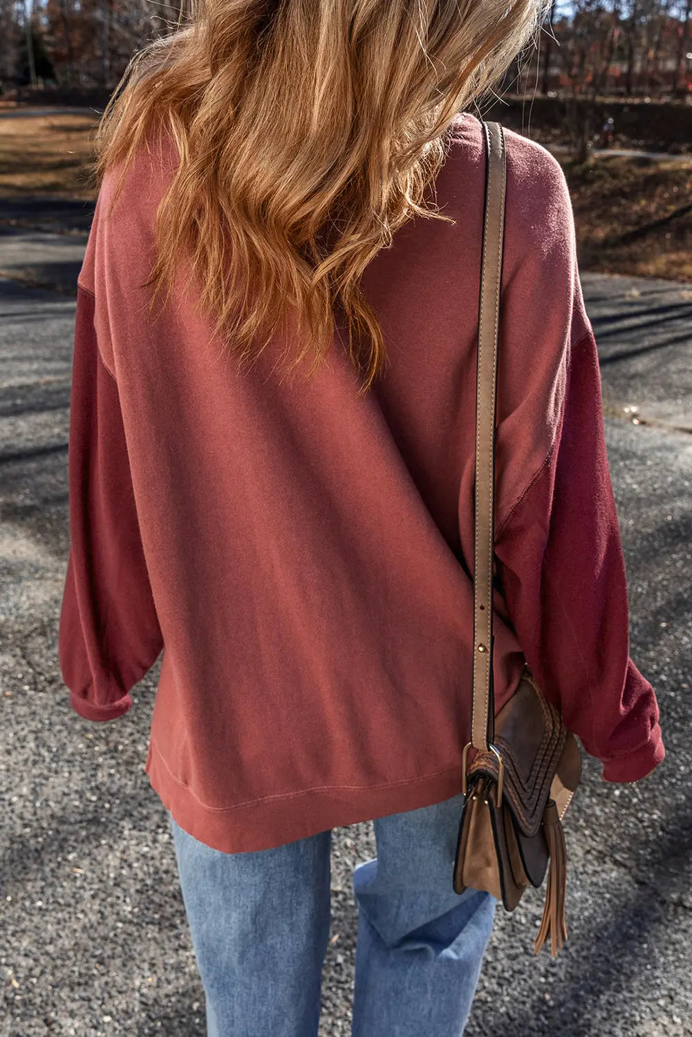 Mineral Red Two Tone Patchwork Drop Shoulder Pullover Sweatshirt - BB Fashion Outlet