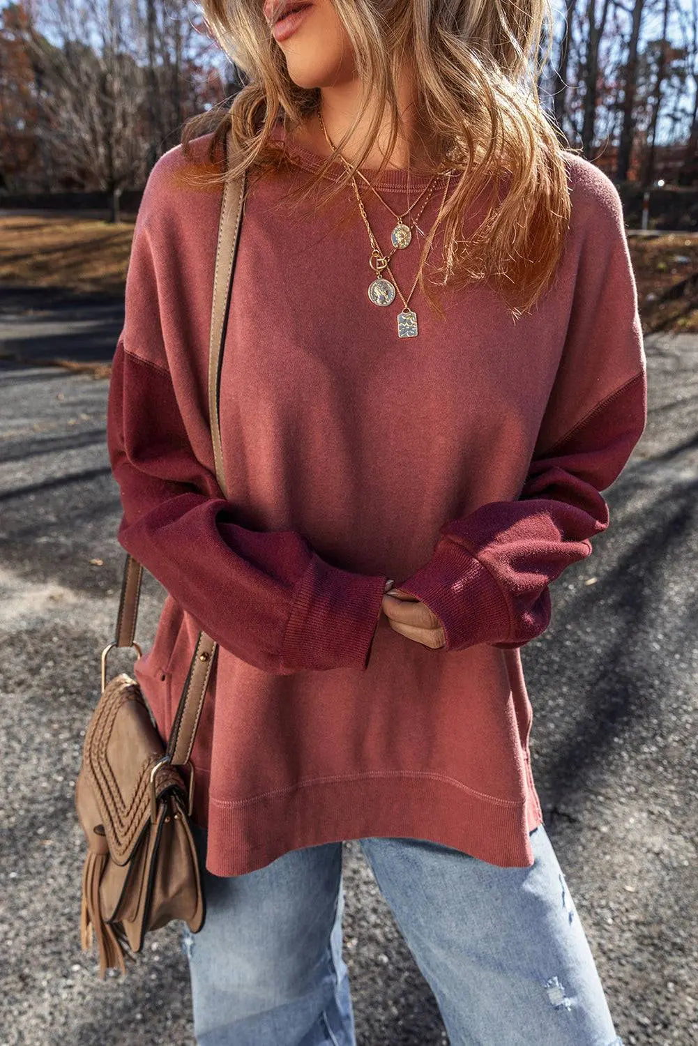 Mineral Red Two Tone Patchwork Drop Shoulder Pullover Sweatshirt - BB Fashion Outlet