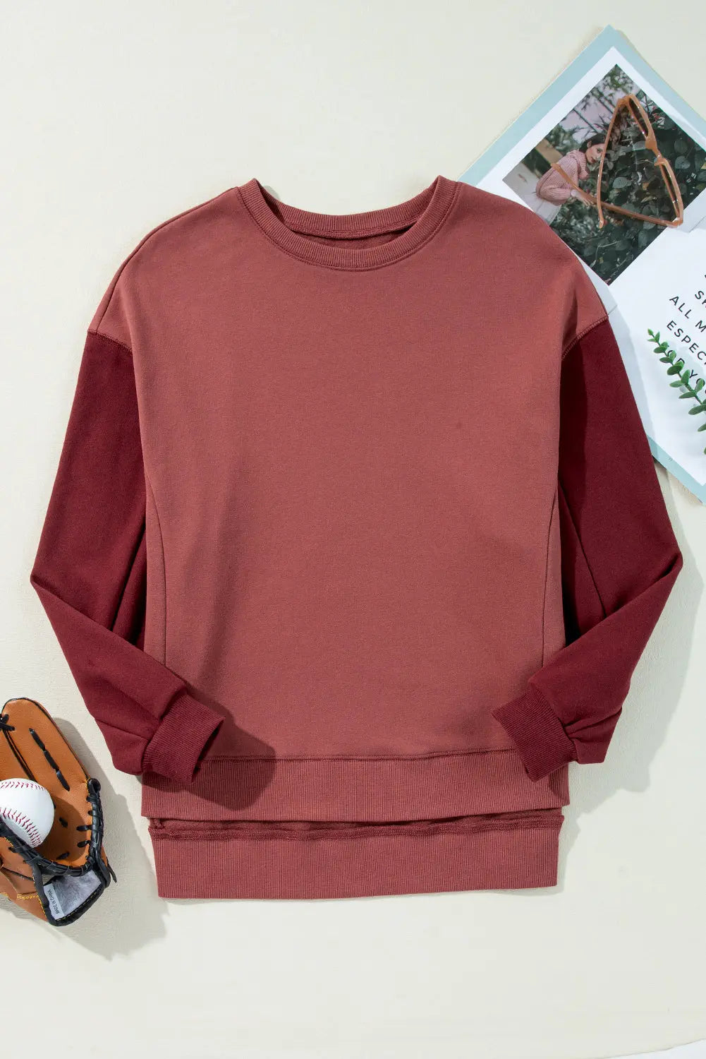 Mineral Red Two Tone Patchwork Drop Shoulder Pullover Sweatshirt - BB Fashion Outlet