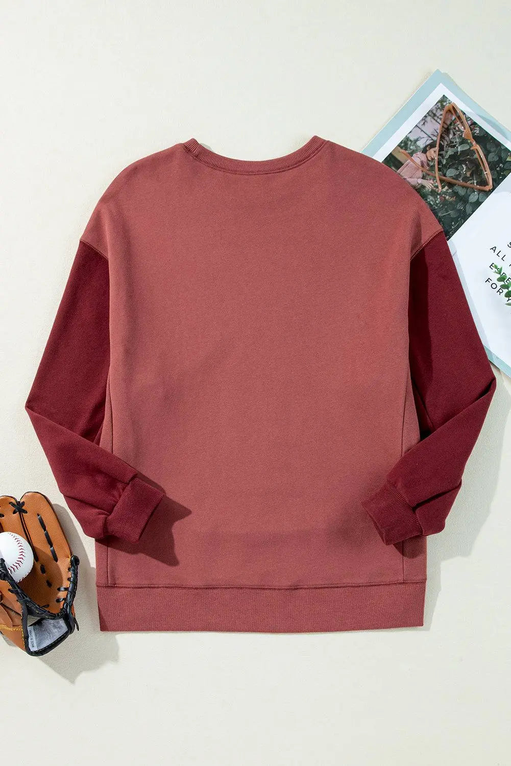 Mineral Red Two Tone Patchwork Drop Shoulder Pullover Sweatshirt - BB Fashion Outlet