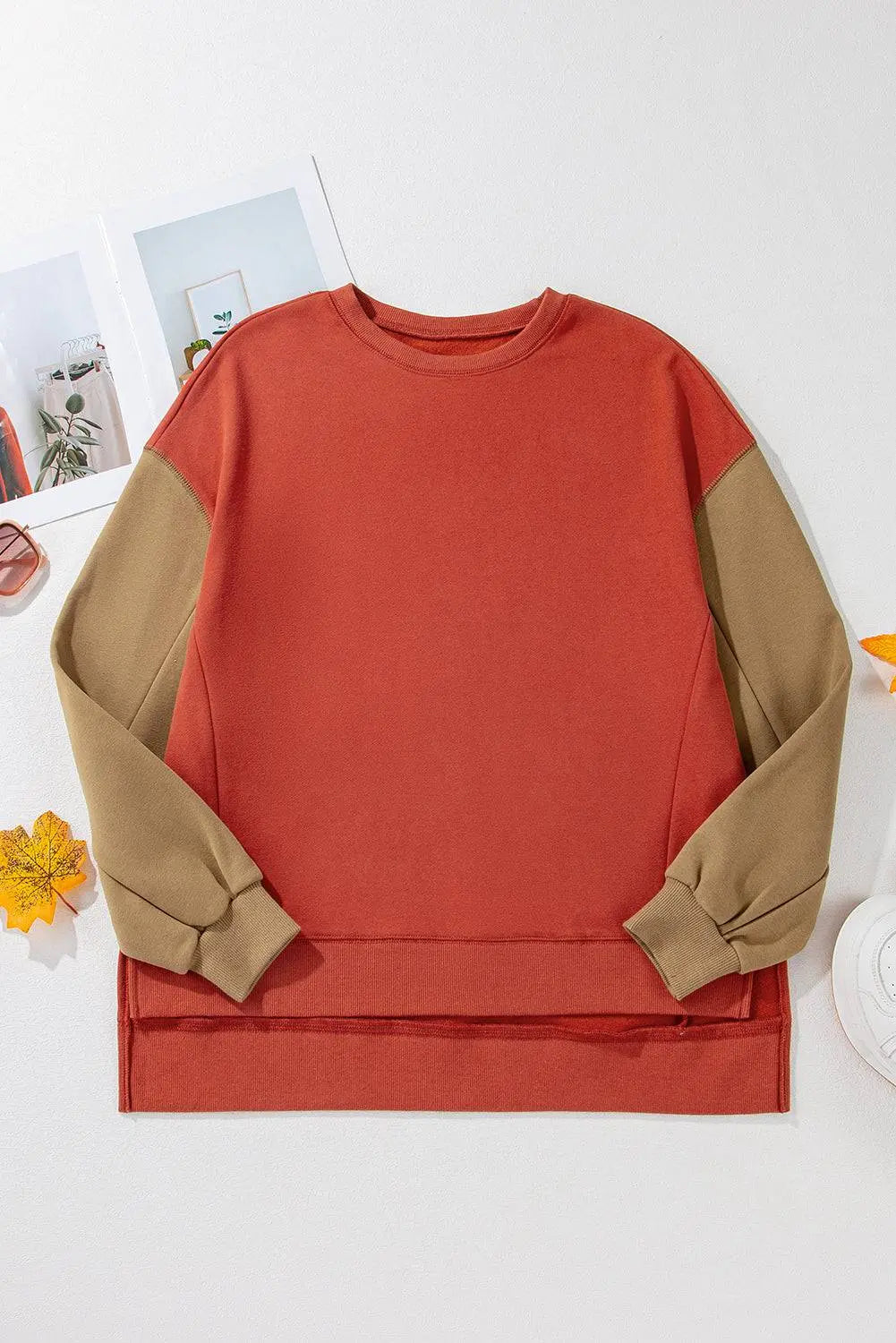 Mineral Red Two Tone Patchwork Drop Shoulder Pullover Sweatshirt - BB Fashion Outlet