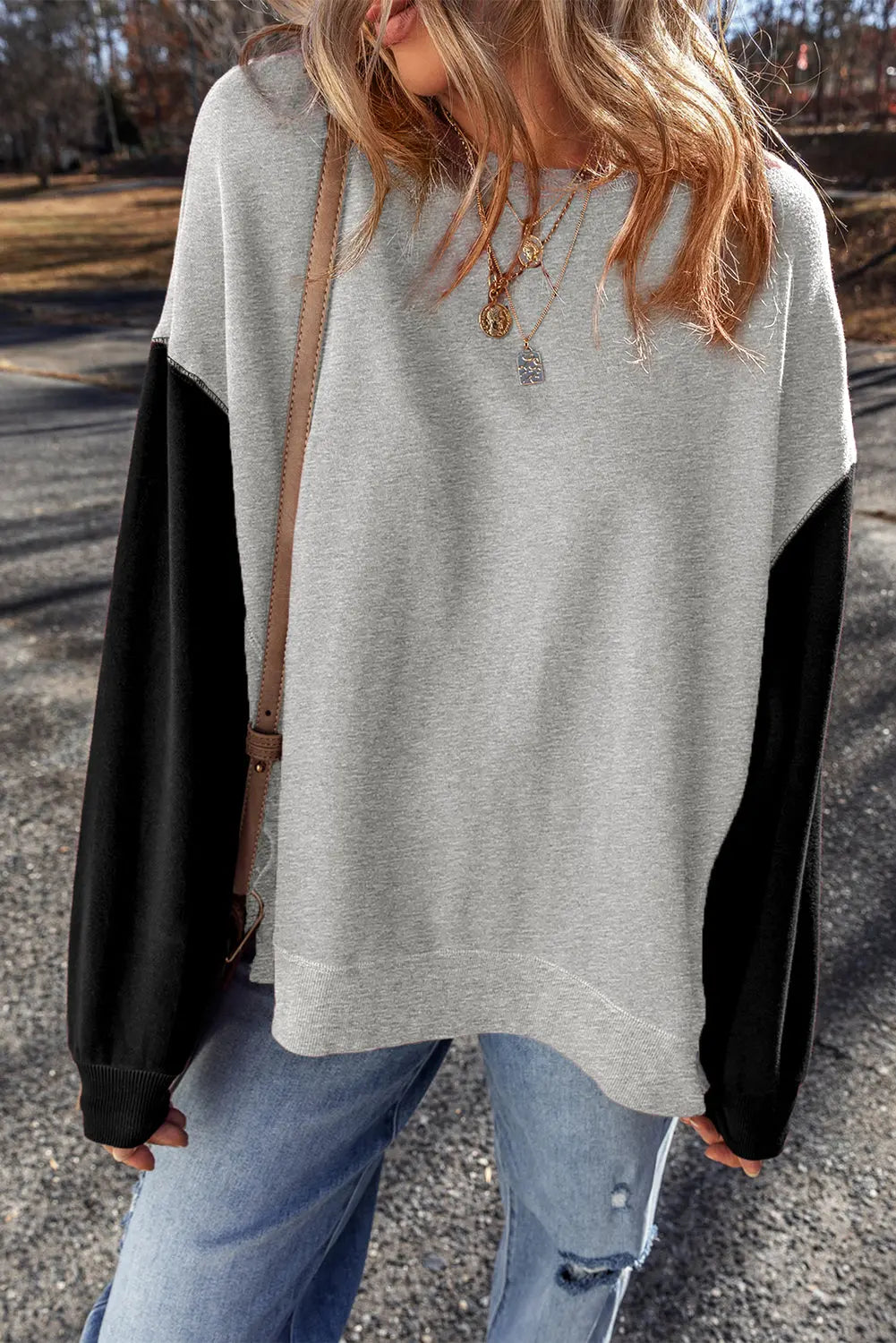 Mineral Red Two Tone Patchwork Drop Shoulder Pullover Sweatshirt - BB Fashion Outlet