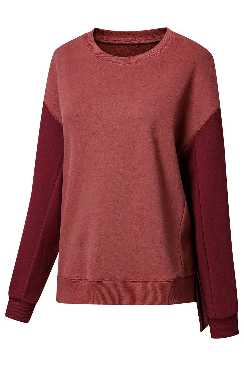 Mineral Red Two Tone Patchwork Drop Shoulder Pullover Sweatshirt - BB Fashion Outlet