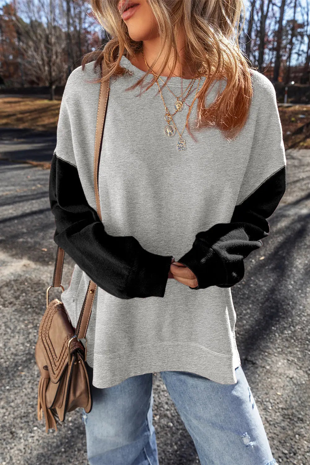 Mineral Red Two Tone Patchwork Drop Shoulder Pullover Sweatshirt - BB Fashion Outlet