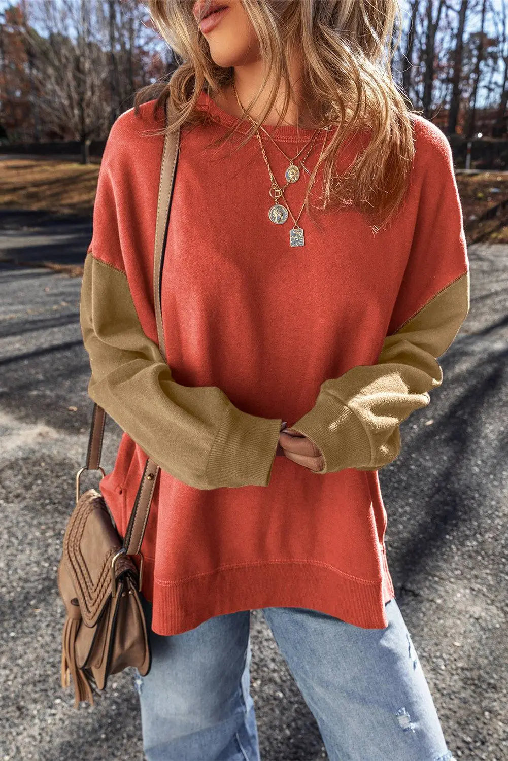 Mineral Red Two Tone Patchwork Drop Shoulder Pullover Sweatshirt - BB Fashion Outlet