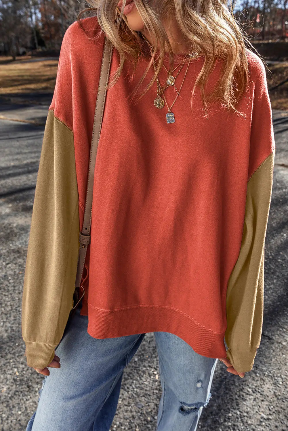 Mineral Red Two Tone Patchwork Drop Shoulder Pullover Sweatshirt - BB Fashion Outlet