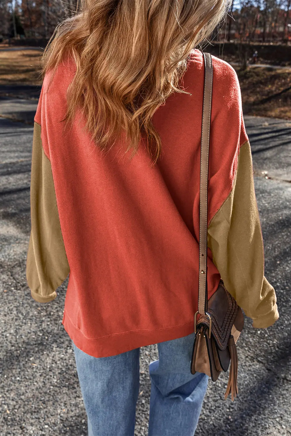 Mineral Red Two Tone Patchwork Drop Shoulder Pullover Sweatshirt - BB Fashion Outlet
