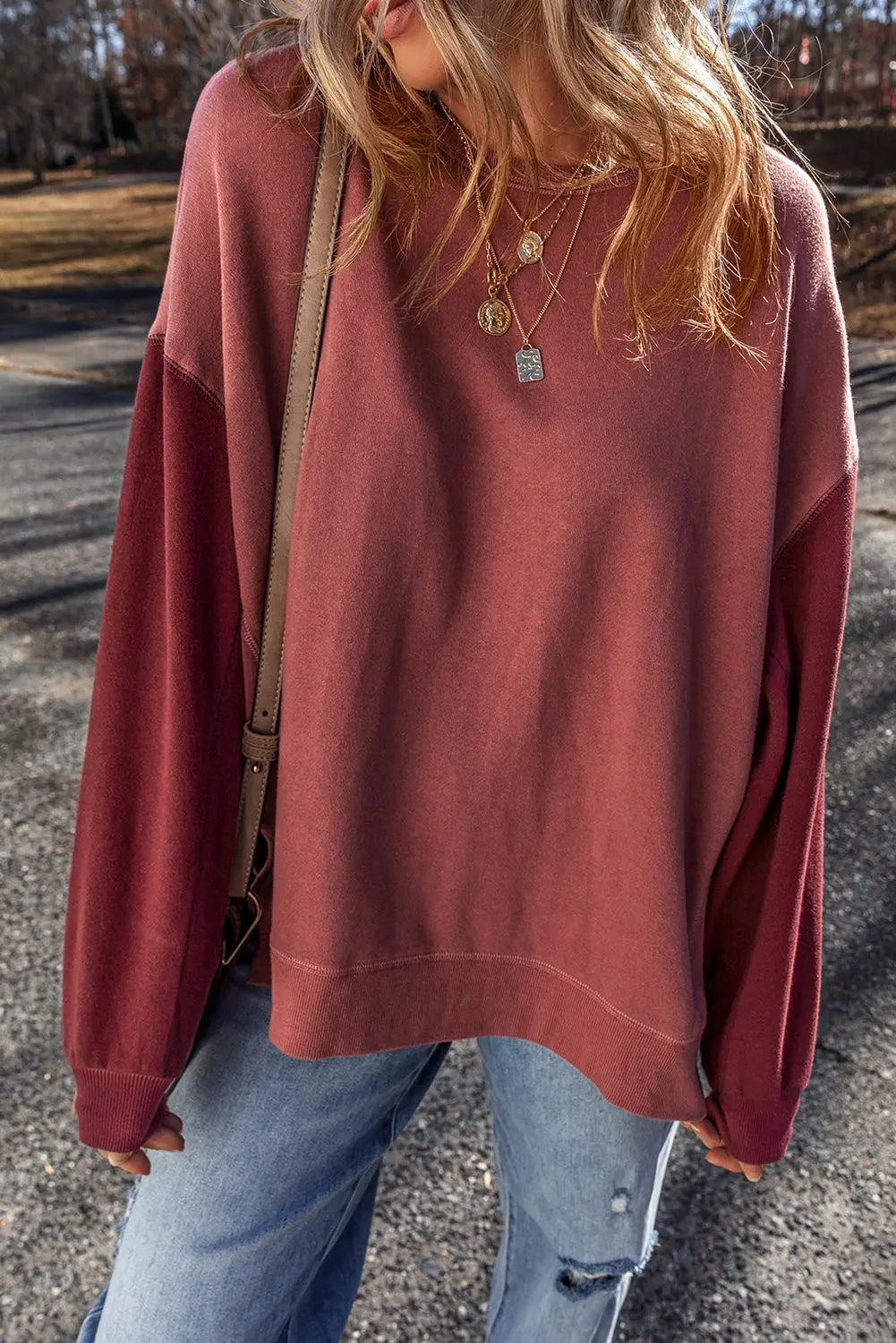 Mineral Red Two Tone Patchwork Drop Shoulder Pullover Sweatshirt - eAura