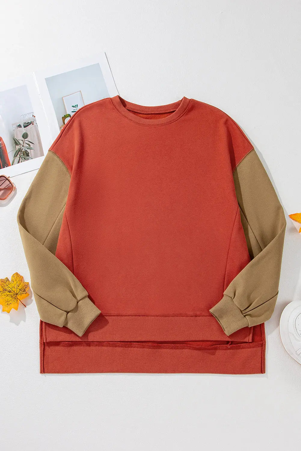 Mineral Red Two Tone Patchwork Drop Shoulder Pullover Sweatshirt - eAura