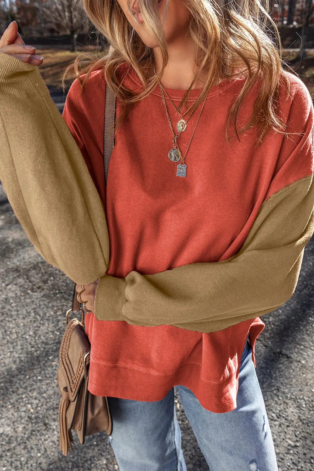 Mineral Red Two Tone Patchwork Drop Shoulder Pullover Sweatshirt - eAura