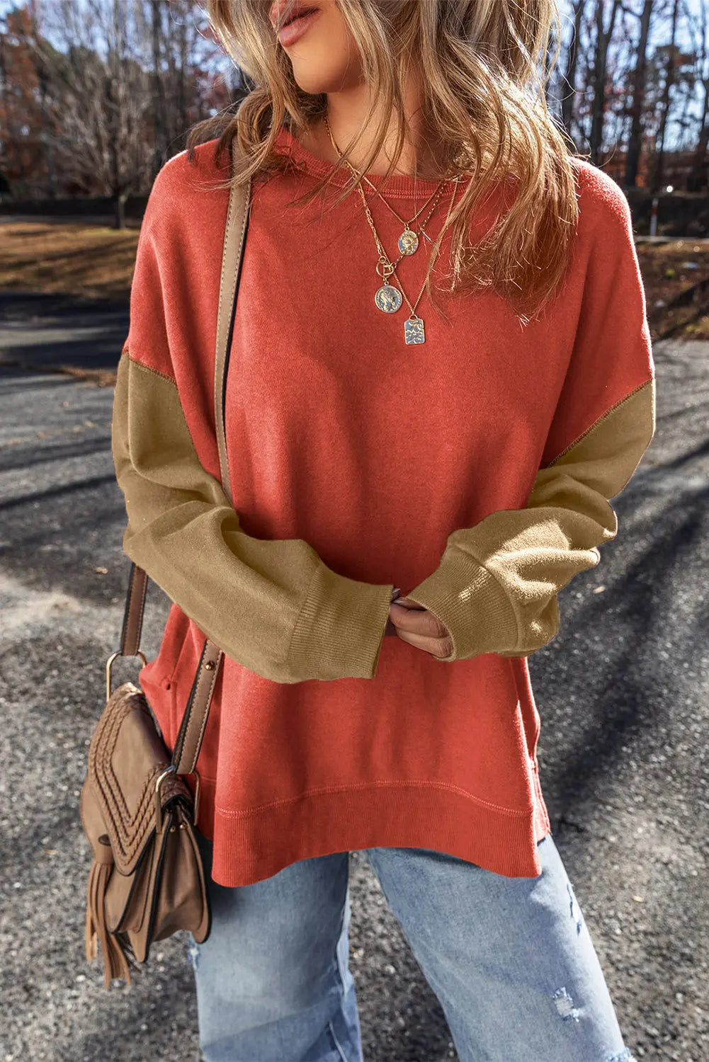 Mineral Red Two Tone Patchwork Drop Shoulder Pullover Sweatshirt - eAura
