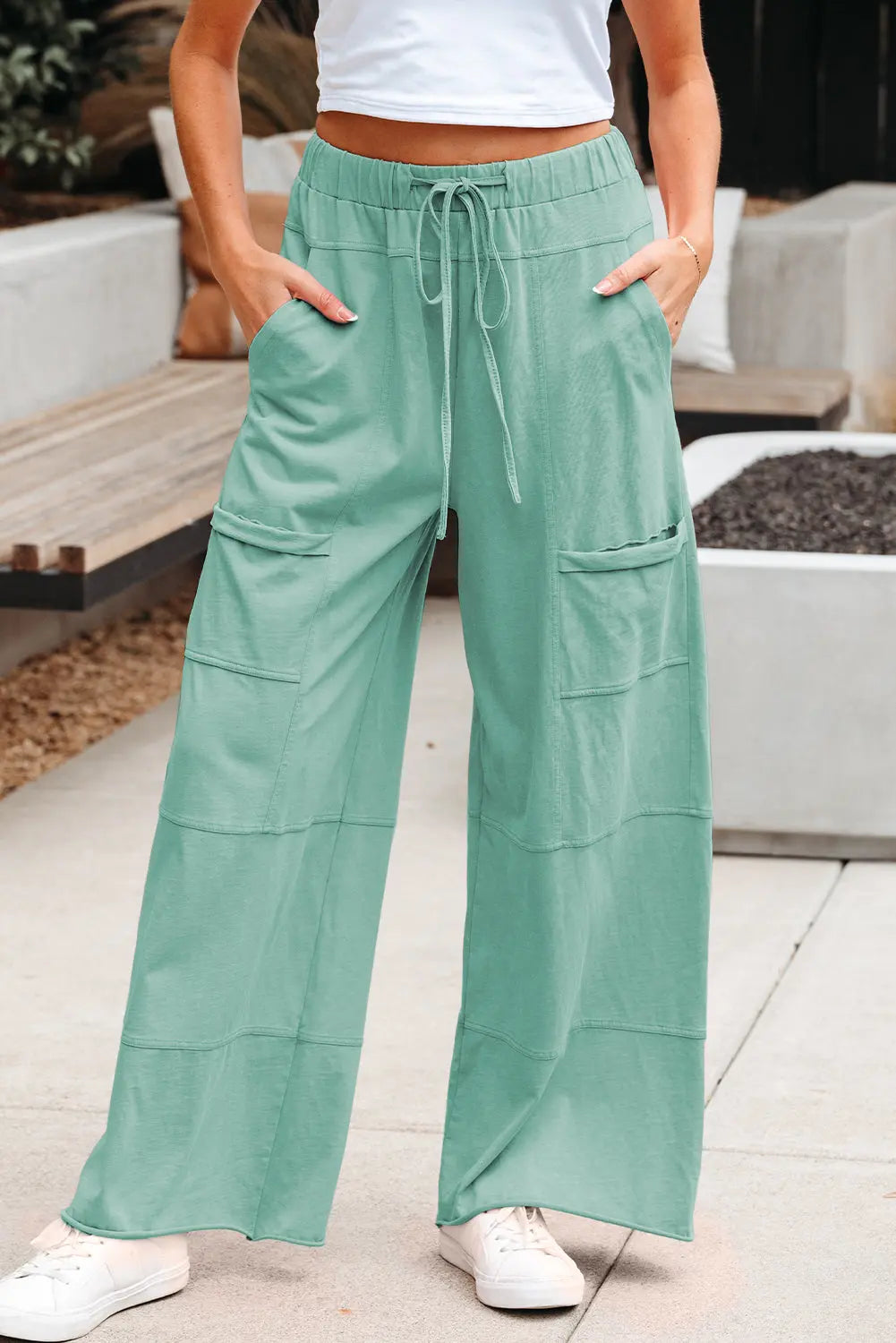 Mineral Wash Exposed Seam Drawstring High Waist Wide Leg Cargo Trousers - eAura