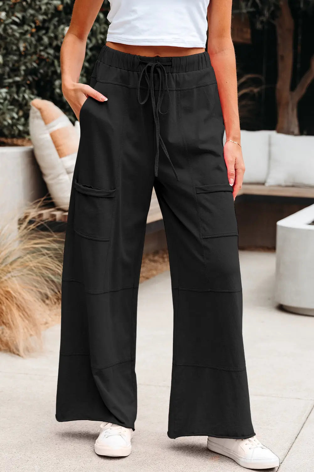 Mineral Wash Exposed Seam Drawstring High Waist Wide Leg Cargo Trousers - eAura