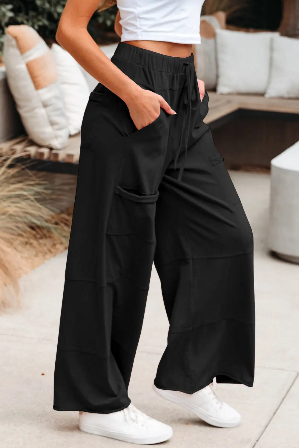 Mineral Wash Exposed Seam Drawstring High Waist Wide Leg Cargo Trousers - eAura