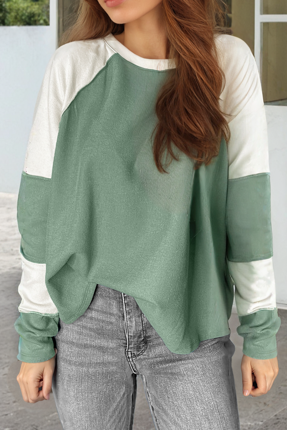 Mint Green Ribbed Colourblock Patchwork Raglan Long Sleeve Top - eAura
