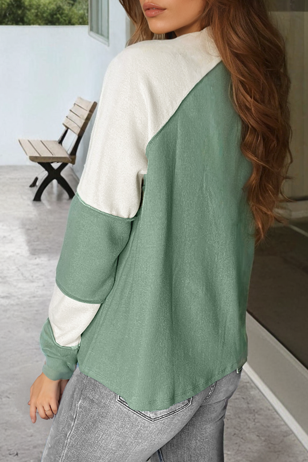 Mint Green Ribbed Colourblock Patchwork Raglan Long Sleeve Top - eAura