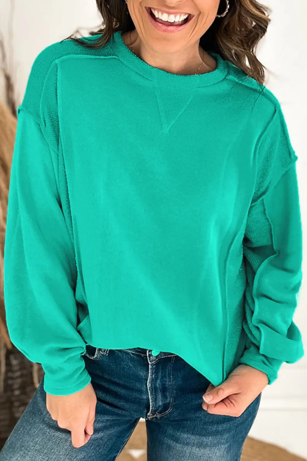 Mint Green Splicing Round Neck Pullover Sweatshirt Beagle Boutique Fashion Outlet