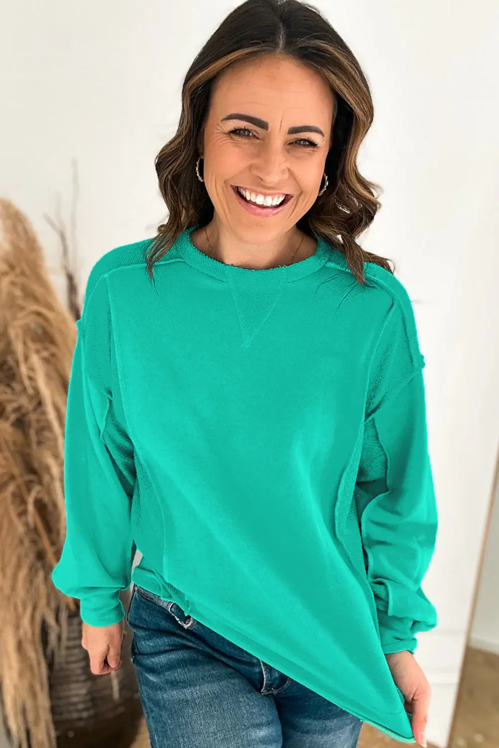 Mint Green Splicing Round Neck Pullover Sweatshirt Beagle Boutique Fashion Outlet