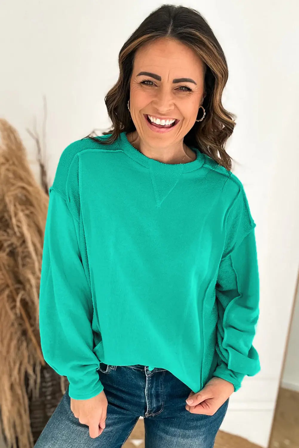 Mint Green Splicing Round Neck Pullover Sweatshirt Beagle Boutique Fashion Outlet