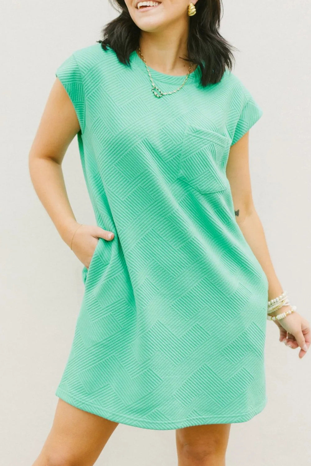 Mint Green Textured Cap Sleeve T Shirt Dress - eAura