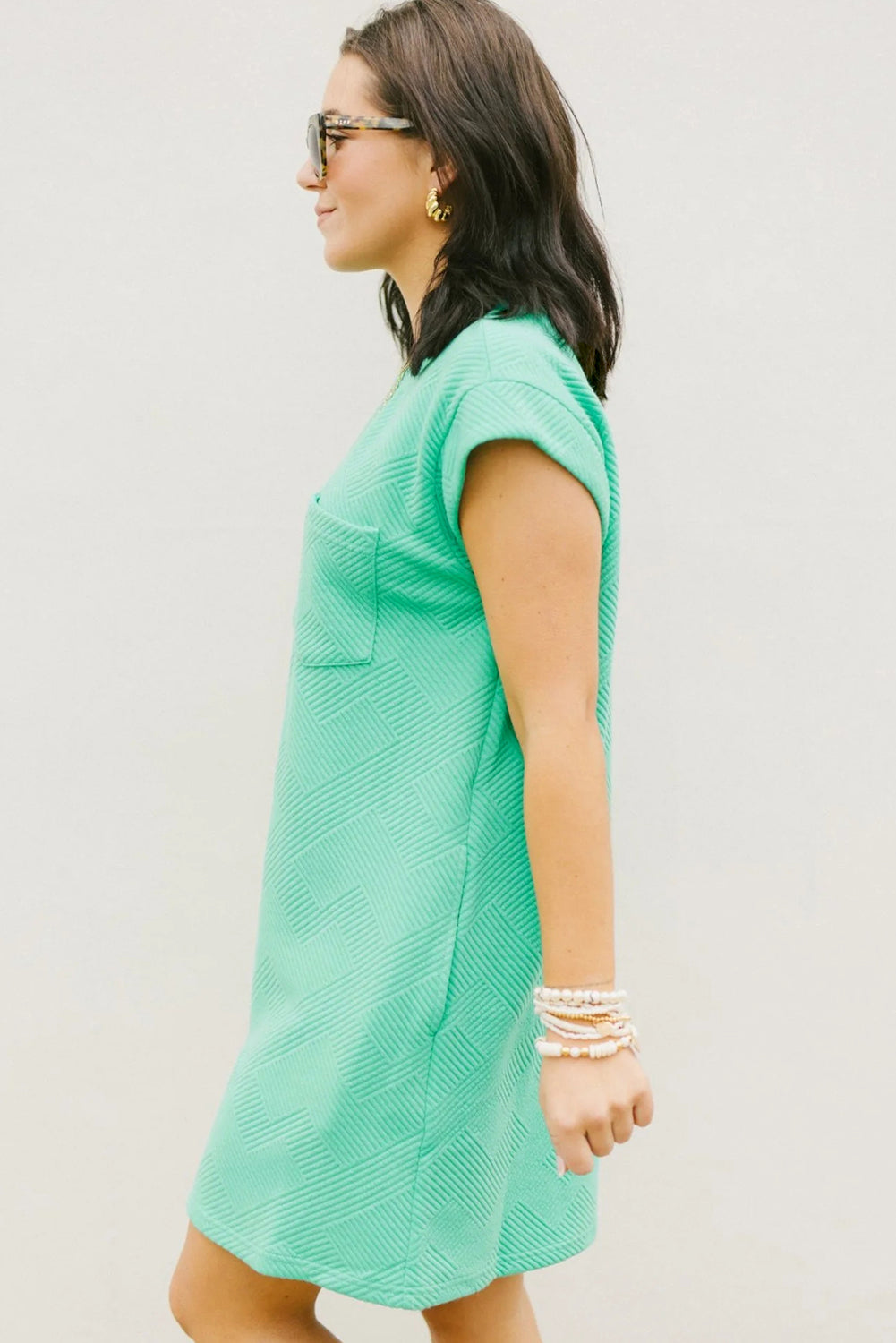 Mint Green Textured Cap Sleeve T Shirt Dress - eAura