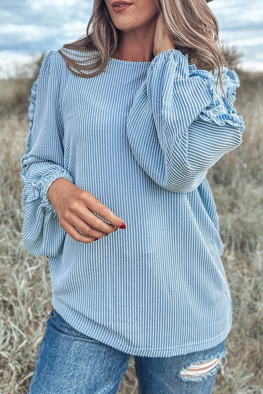 Mist Blue Ribbed Frilly Puff Sleeve Round Neck Blouse - eAura