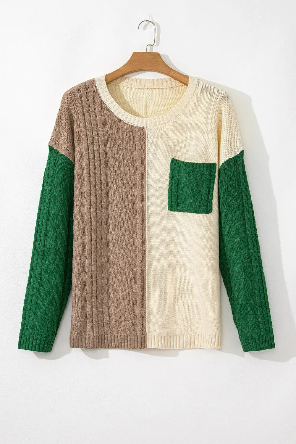 Mist Green Plus Size Cable Knit Color Block Drop Shoulder Sweater Beagle Boutique Fashion Outlet