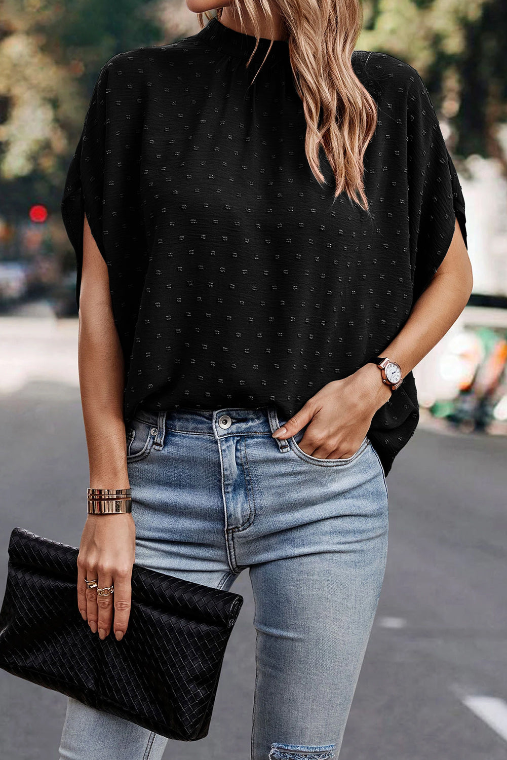 Mist Green Swiss Dot Mock Neck Batwing Sleeve Blouse - eAura