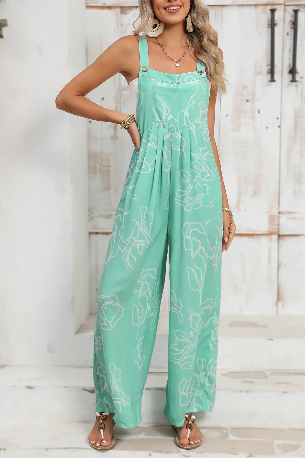 Moonlight Jade Abstract Print Wide Leg Bib Overall - eAura