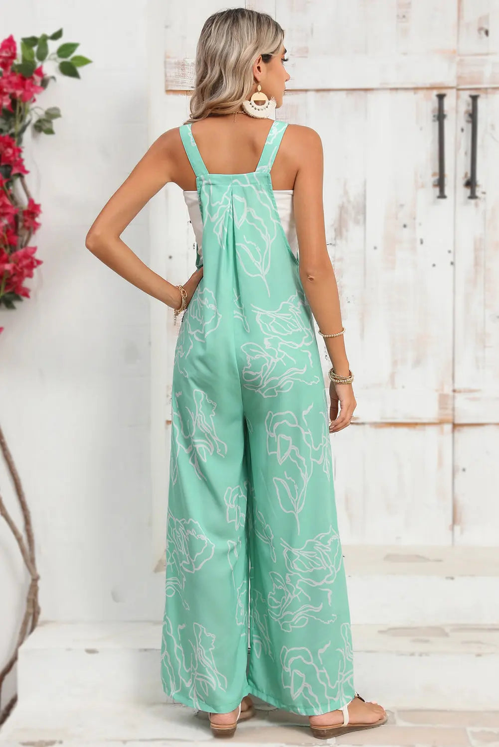 Moonlight Jade Abstract Print Wide Leg Bib Overall - Bottoms/Jumpsuits & Rompers