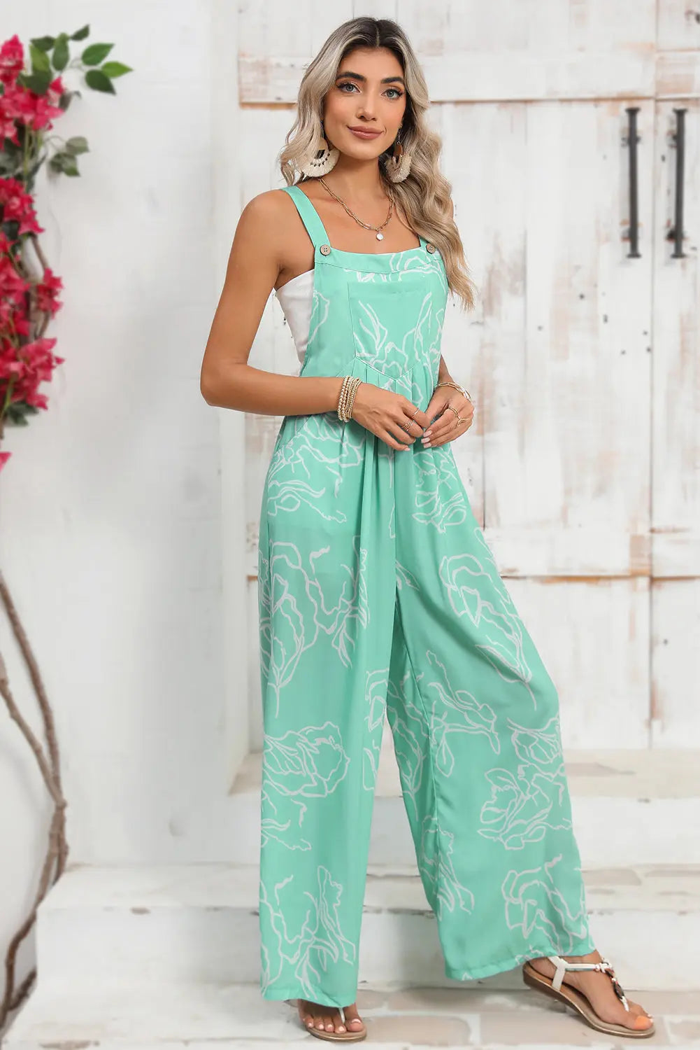 Moonlight Jade Abstract Print Wide Leg Bib Overall - Bottoms/Jumpsuits & Rompers