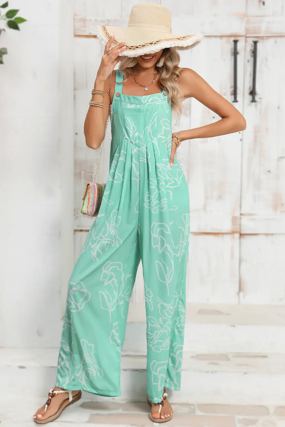 Moonlight Jade Abstract Print Wide Leg Bib Overall - Bottoms/Jumpsuits & Rompers