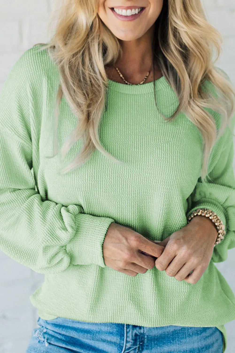 Moonlight Jade Solid Cord Ribbed Drop Shoulder Pullover Top eAura