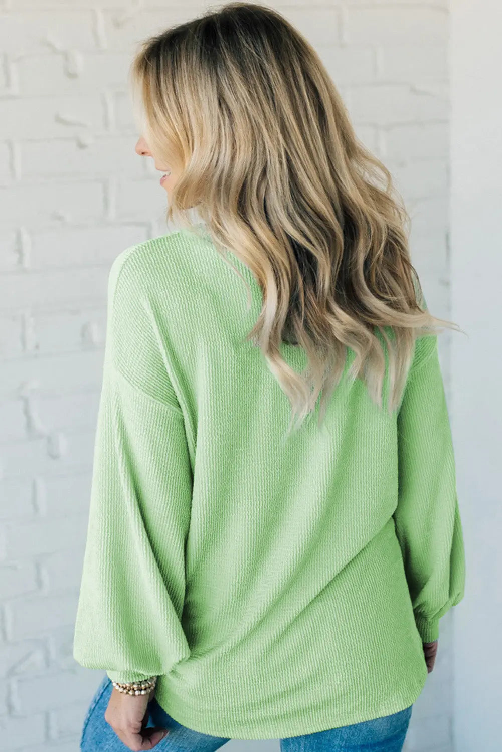 Moonlight Jade Solid Cord Ribbed Drop Shoulder Pullover Top eAura