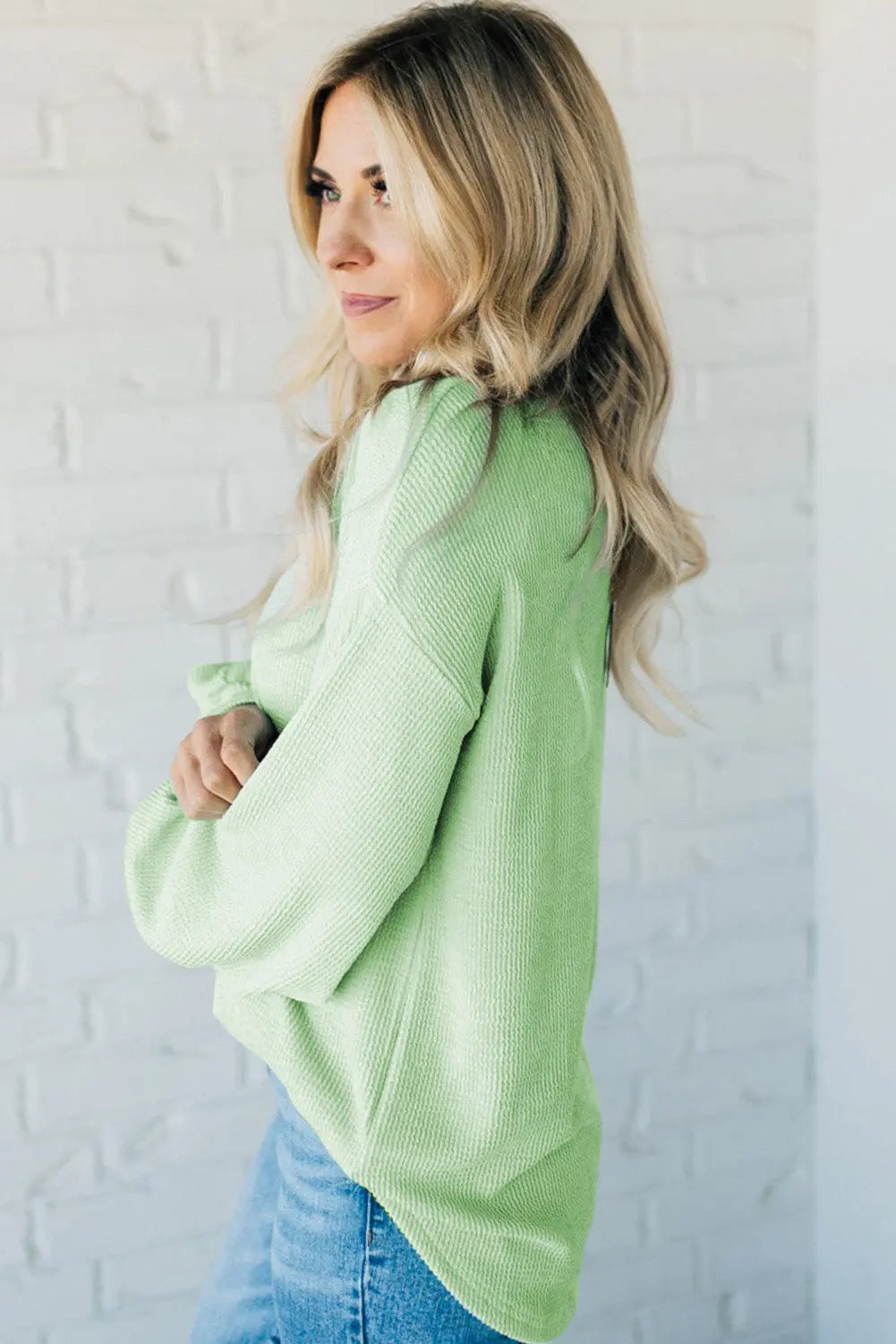 Moonlight Jade Solid Cord Ribbed Drop Shoulder Pullover Top eAura
