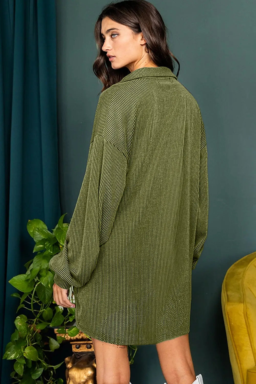 Moss Green Corduroy Buttons Placket Drop Shoulder Collared Shift Dress Beagle Boutique Fashion Outlet
