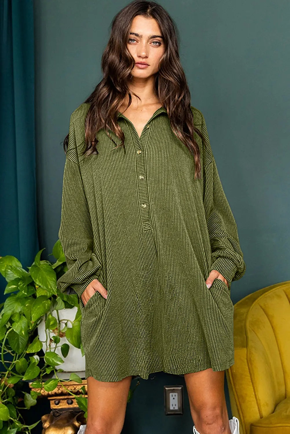 Moss Green Corduroy Buttons Placket Drop Shoulder Collared Shift Dress Beagle Boutique Fashion Outlet