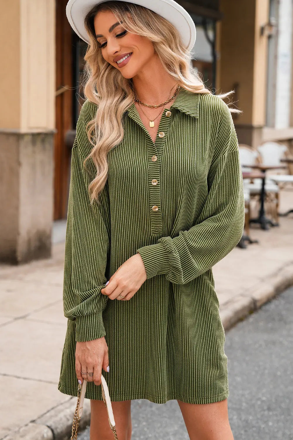 Moss Green Corduroy Buttons Placket Drop Shoulder Collared Shift Dress Beagle Boutique Fashion Outlet