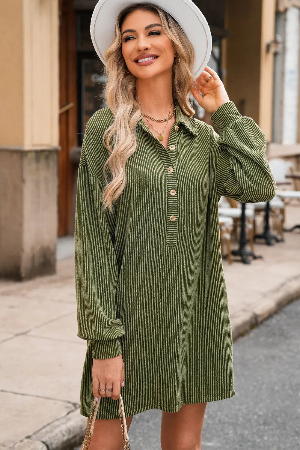 Moss Green Corduroy Buttons Placket Drop Shoulder Collared Shift Dress Beagle Boutique Fashion Outlet