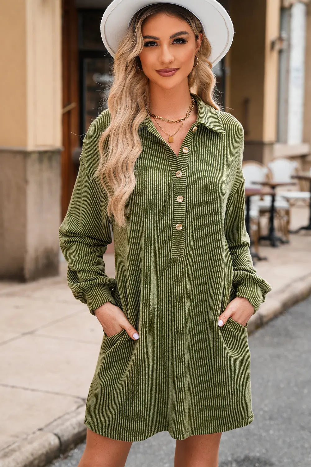Moss Green Corduroy Buttons Placket Drop Shoulder Collared Shift Dress Beagle Boutique Fashion Outlet