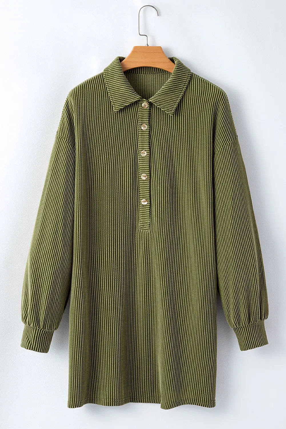 Moss Green Corduroy Buttons Placket Drop Shoulder Collared Shift Dress Beagle Boutique Fashion Outlet