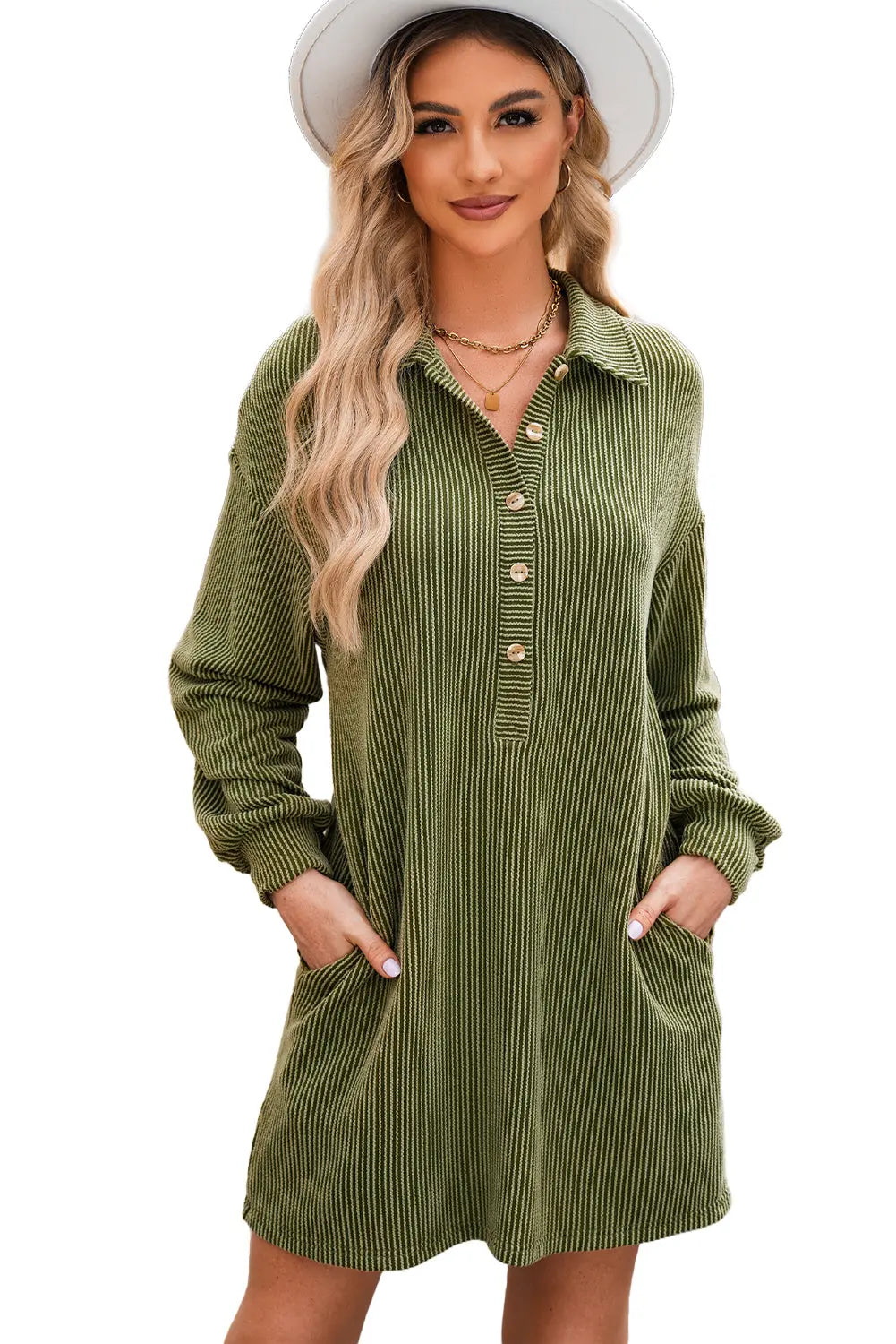 Moss Green Corduroy Buttons Placket Drop Shoulder Collared Shift Dress Beagle Boutique Fashion Outlet