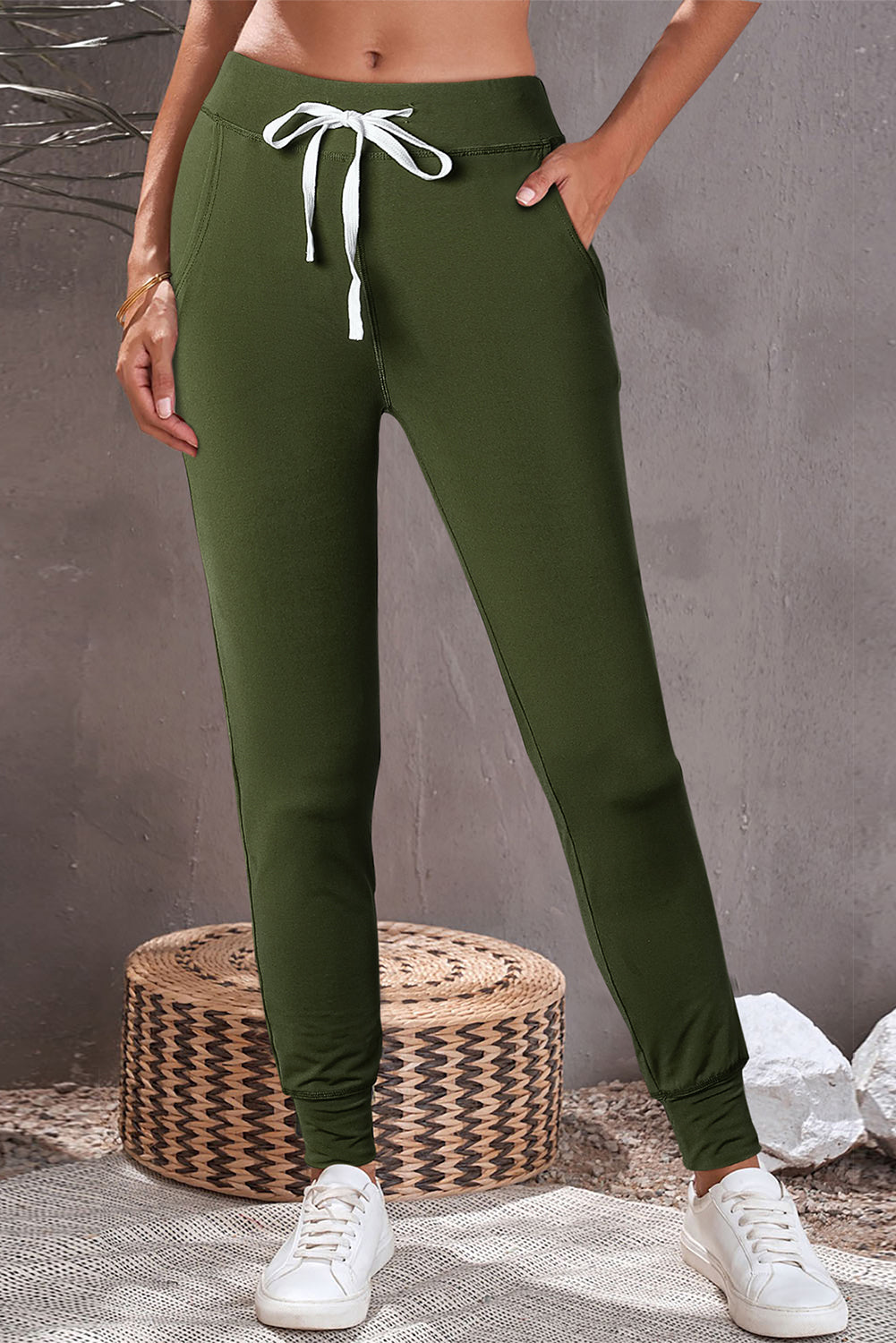 Moss Green Drawstring Waist Pocketed Joggers - MOSS GREEN / S / 90% POLYESTER + 10% ELASTANE - Bottoms/Joggers