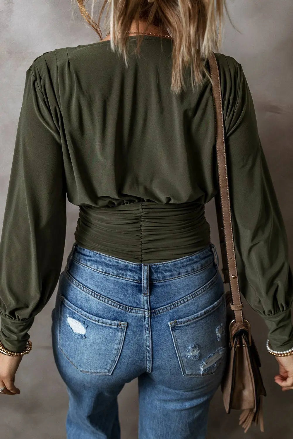 Moss Green Ruched Wrap V Neck Long Sleeve Bodysuit - BB Fashion Outlet